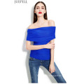 Neue Frühling und Sommer Frauen Mehrfarben ein Wort Schulter Sexy Gaze Rüschen Bluse Temperament Schlank Boden Wild Women Silk Top